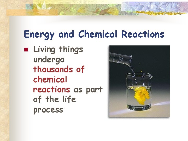 Energy and Chemical Reactions n Living things undergo thousands of chemical reactions as part