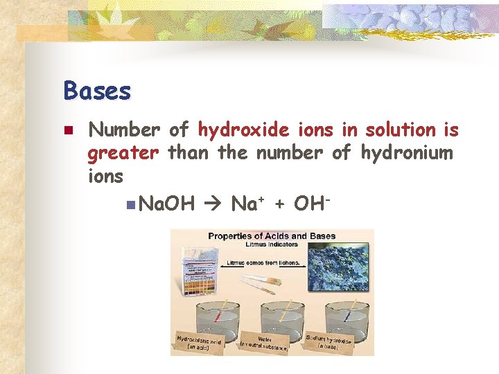 Bases n Number of hydroxide ions in solution is greater than the number of