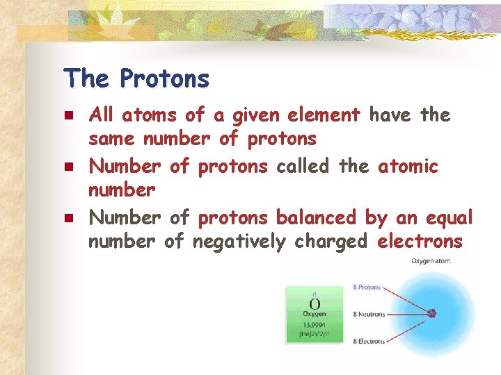 The Protons n n n All atoms of a given element have the same