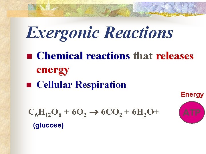 Exergonic Reactions n Chemical reactions that releases energy n Cellular Respiration Energy C 6