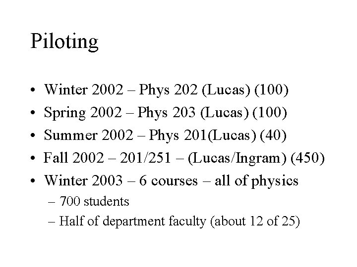 Piloting • • • Winter 2002 – Phys 202 (Lucas) (100) Spring 2002 –