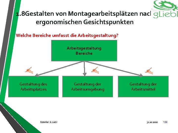 1. 8 Gestalten von Montagearbeitsplätzen nach ergonomischen Gesichtspunkten Welche Bereiche umfasst die Arbeitsgestaltung? Arbeitsgestaltung