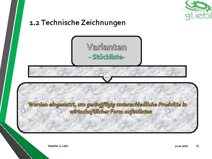 1. 2 Technische Zeichnungen Varianten - Stückliste- Werden eingesetzt, um geringfügig unterschiedliche Produkte in