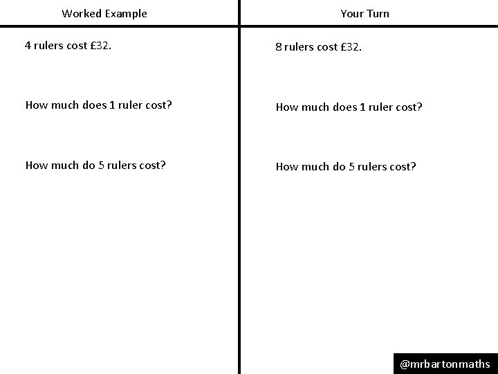 Worked Example Your Turn 4 rulers cost £ 32. 8 rulers cost £ 32.