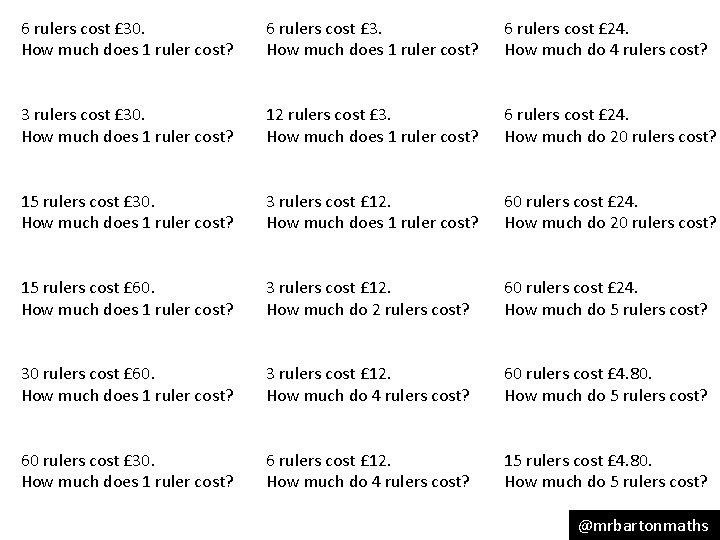 6 rulers cost £ 30. How much does 1 ruler cost? 6 rulers cost