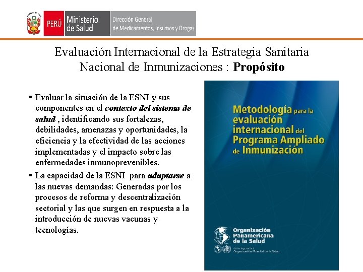 Evaluación Internacional de la Estrategia Sanitaria Nacional de Inmunizaciones : Propósito § Evaluar la