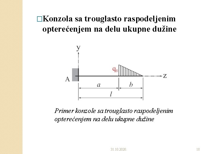 �Konzola sa trouglasto raspodeljenim opterećenjem na delu ukupne dužine Primer konzole sa trouglasto raspodeljenim �Konzola sa trouglasto raspodeljenim opterećenjem na delu ukupne dužine Primer konzole sa trouglasto raspodeljenim