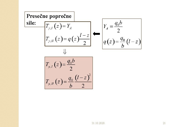 Presečne poprečne sile: 31. 10. 2020. 21 Presečne poprečne sile: 31. 10. 2020. 21