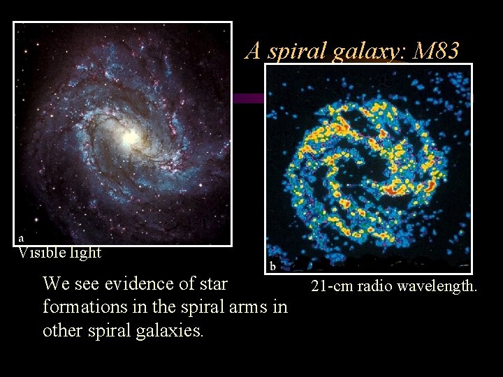 A spiral galaxy: M 83 Visible light We see evidence of star formations in