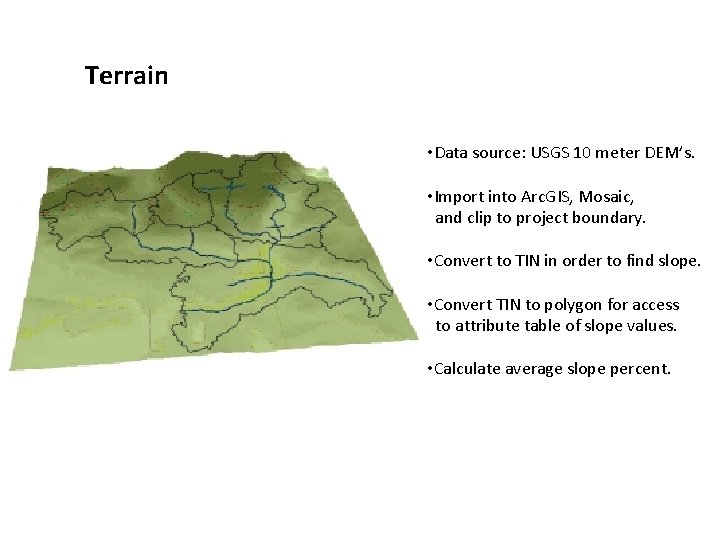 Terrain • Data source: USGS 10 meter DEM’s. • Import into Arc. GIS, Mosaic,