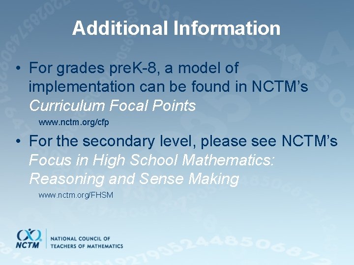 Additional Information • For grades pre. K-8, a model of implementation can be found