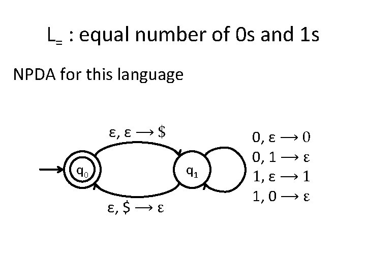 L= : equal number of 0 s and 1 s NPDA for this language