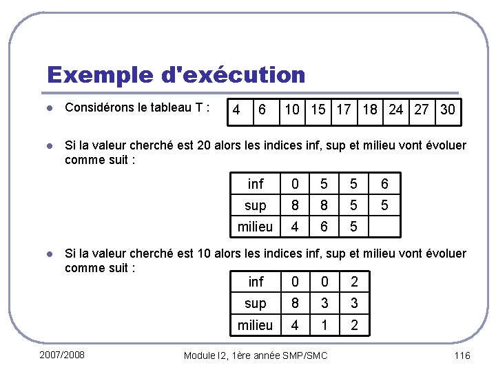 Exemple d'exécution l Considérons le tableau T : l Si la valeur cherché est