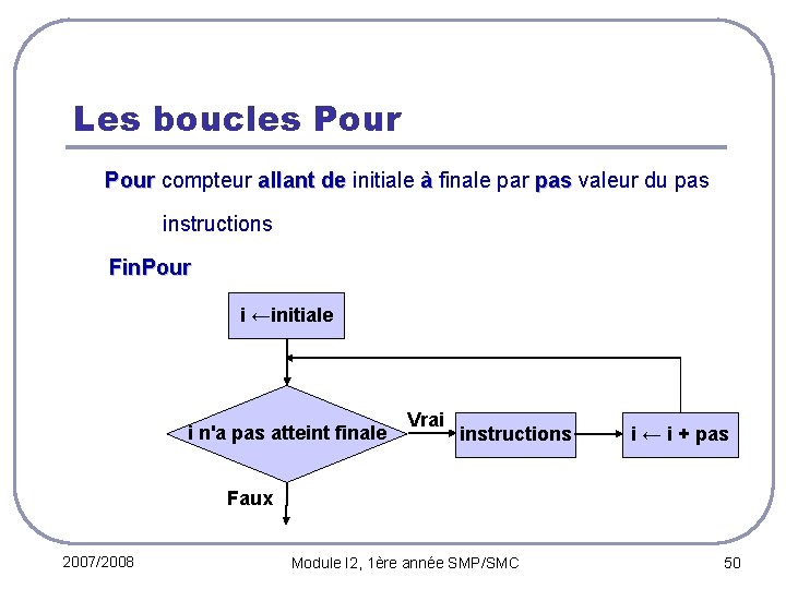 Les boucles Pour Pour compteur allant de initiale à finale par pas valeur du