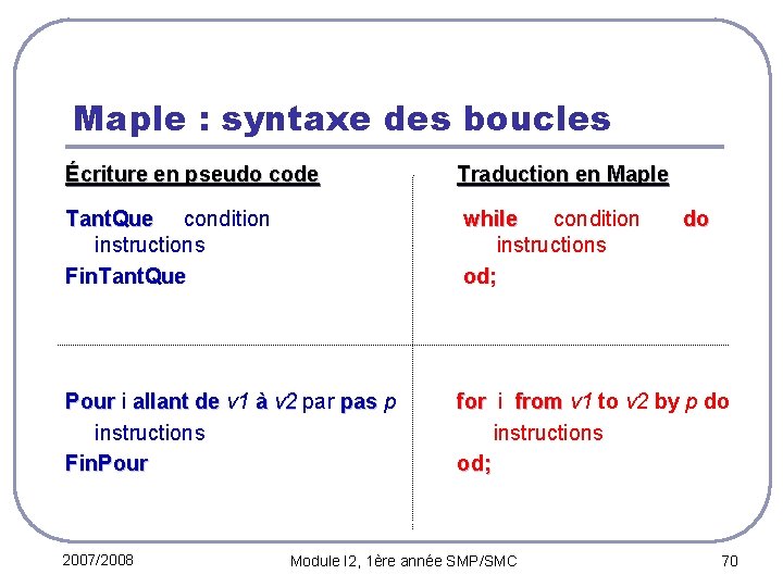 Maple : syntaxe des boucles Écriture en pseudo code Tant. Que condition Tant. Que