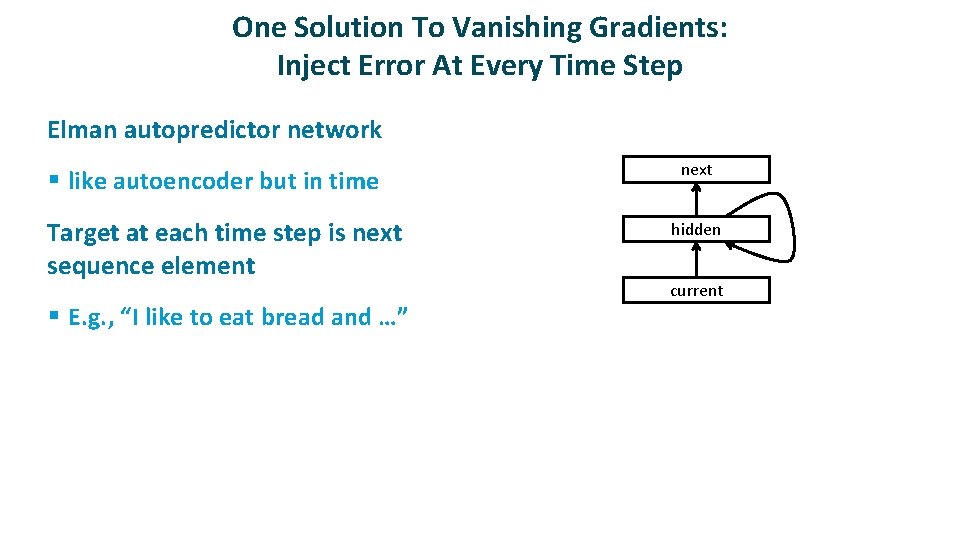 One Solution To Vanishing Gradients: Inject Error At Every Time Step ü Elman autopredictor