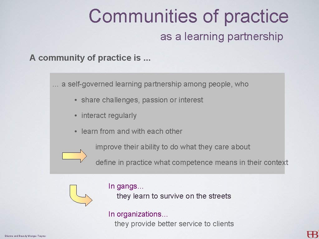 Communities of practice as a learning partnership A community of practice is. . .