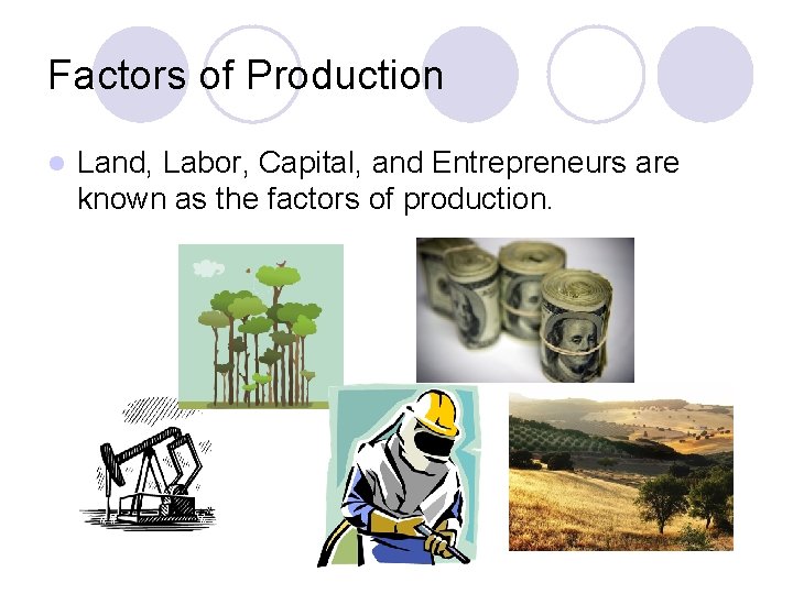 Factors of Production l Land, Labor, Capital, and Entrepreneurs are known as the factors