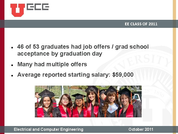 EE CLASS OF 2011 46 of 53 graduates had job offers / grad school