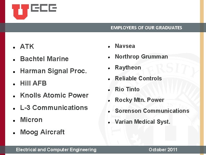 EMPLOYERS OF OUR GRADUATES ATK Navsea Bachtel Marine Northrop Grumman Harman Signal Proc. Raytheon