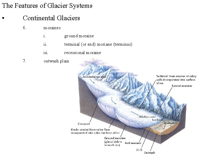 The Features of Glacier Systems • Continental Glaciers 6. 7. moraines i. ground moraine