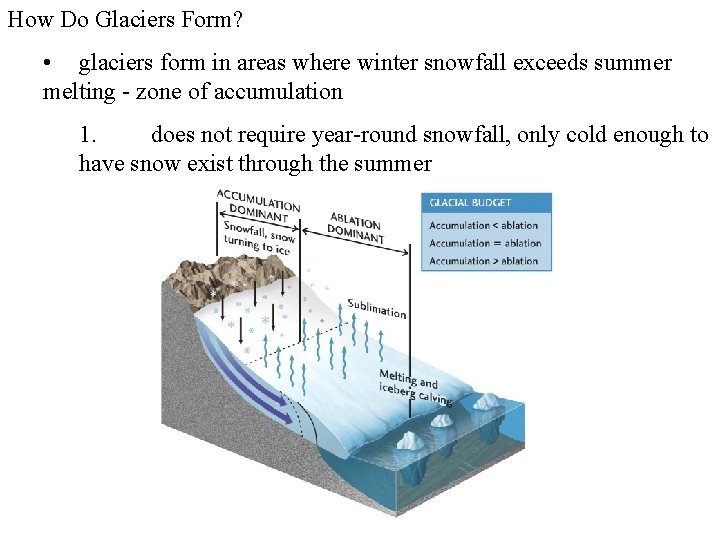 How Do Glaciers Form? • glaciers form in areas where winter snowfall exceeds summer