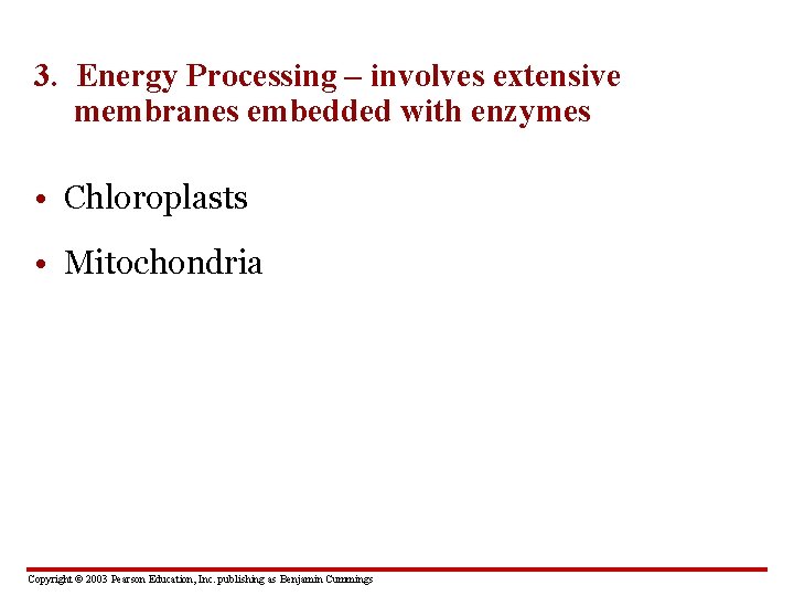 3. Energy Processing – involves extensive membranes embedded with enzymes • Chloroplasts • Mitochondria