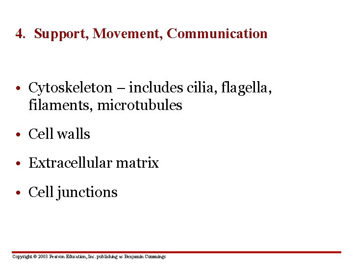 4. Support, Movement, Communication • Cytoskeleton – includes cilia, flagella, filaments, microtubules • Cell