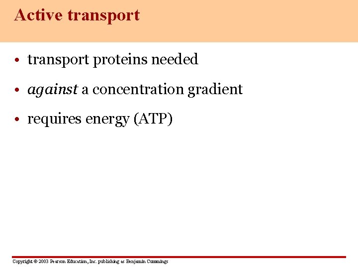 Active transport • transport proteins needed • against a concentration gradient • requires energy