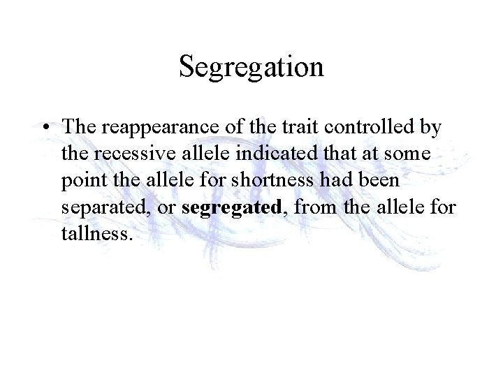 Segregation • The reappearance of the trait controlled by the recessive allele indicated that