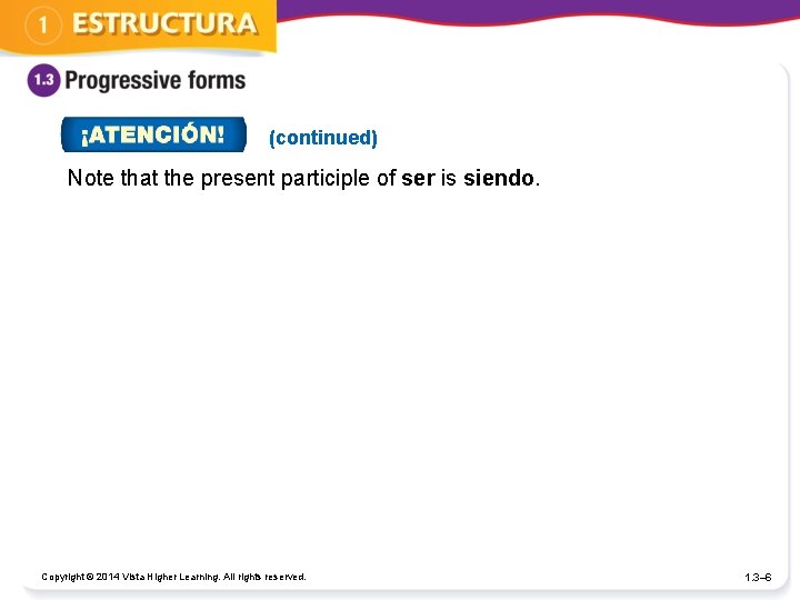 (continued) Note that the present participle of ser is siendo. Copyright © 2014 Vista