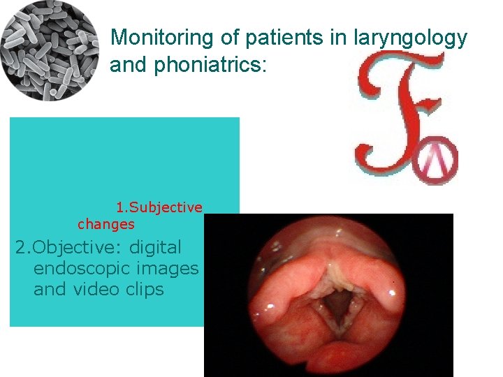 Monitoring of patients in laryngology and phoniatrics: 1. Subjective changes 2. Objective: digital endoscopic