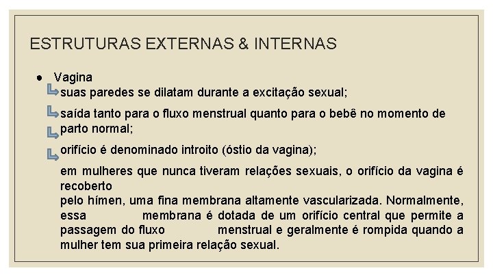 ESTRUTURAS EXTERNAS & INTERNAS ● Vagina suas paredes se dilatam durante a excitação sexual;