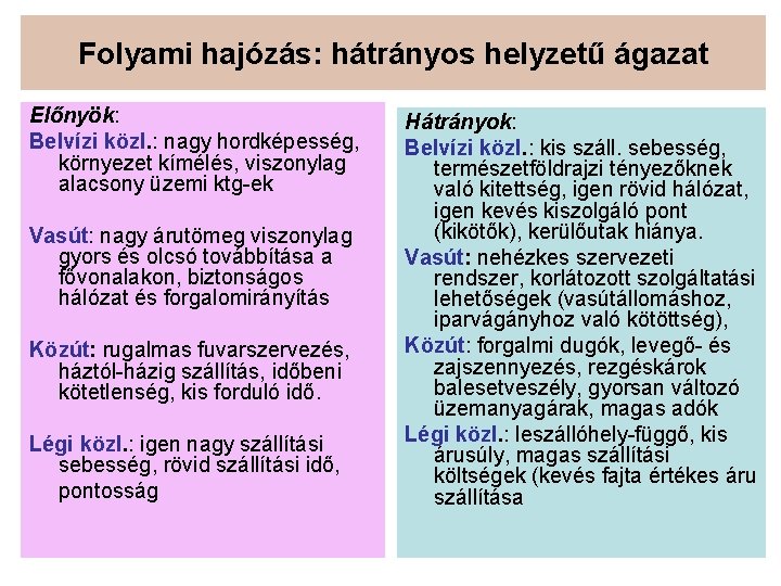 Folyami hajózás: hátrányos helyzetű ágazat Előnyök: Belvízi közl. : nagy hordképesség, környezet kímélés, viszonylag