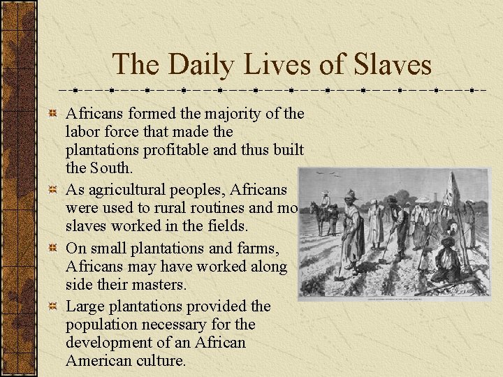 The Daily Lives of Slaves Africans formed the majority of the labor force that