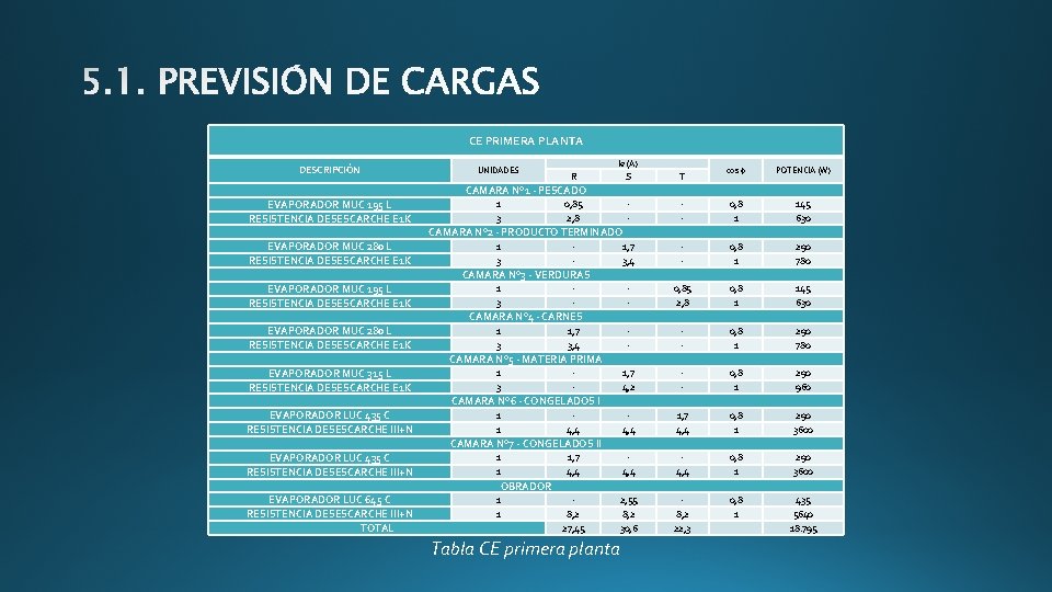 CE PRIMERA PLANTA DESCRIPCIÓN UNIDADES Ie (A) cos ϕ POTENCIA (W) - 0, 8