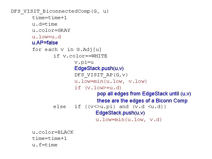 DFS_VISIT_Biconnected. Comp(G, u) time=time+1 u. d=time u. color=GRAY u. low=u. d u. AP=false for