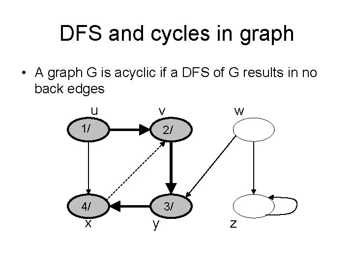 DFS and cycles in graph • A graph G is acyclic if a DFS