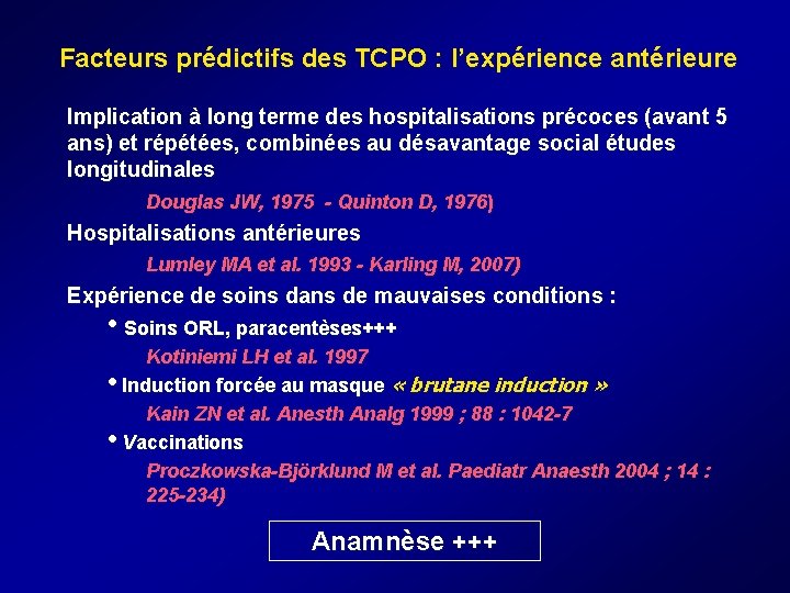 Facteurs prédictifs des TCPO : l’expérience antérieure Implication à long terme des hospitalisations Facteurs prédictifs des TCPO : l’expérience antérieure Implication à long terme des hospitalisations