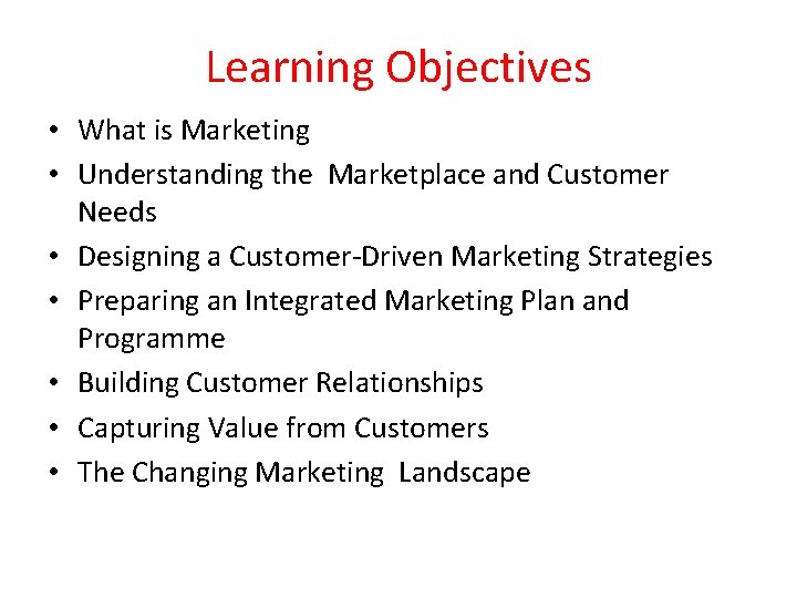 Learning Objectives • What is Marketing • Understanding the Marketplace and Customer Needs •