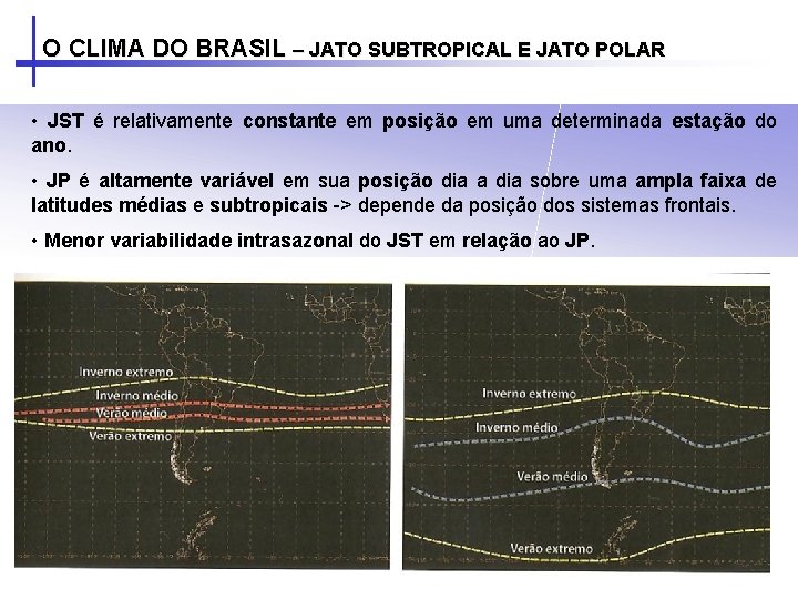 O CLIMA DO BRASIL – JATO SUBTROPICAL E JATO POLAR • JST é relativamente