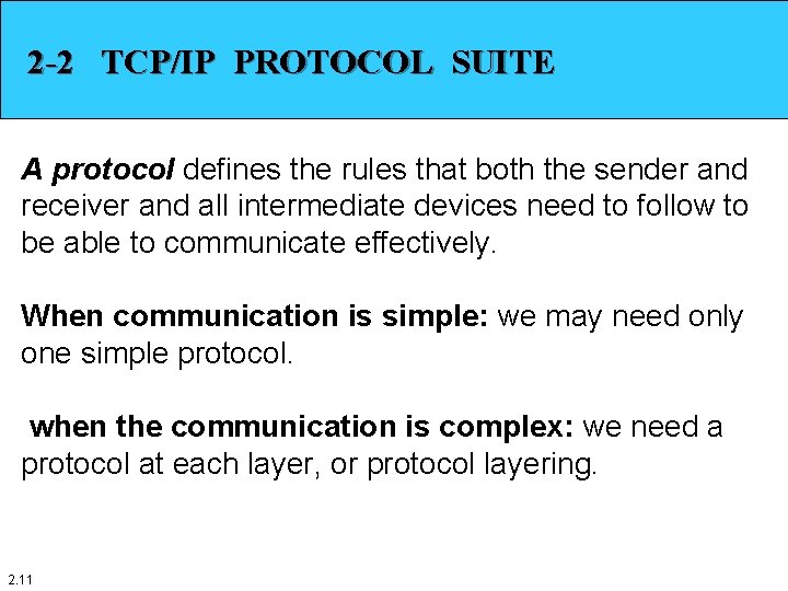 2 -2 TCP/IP PROTOCOL SUITE A protocol defines the rules that both the sender