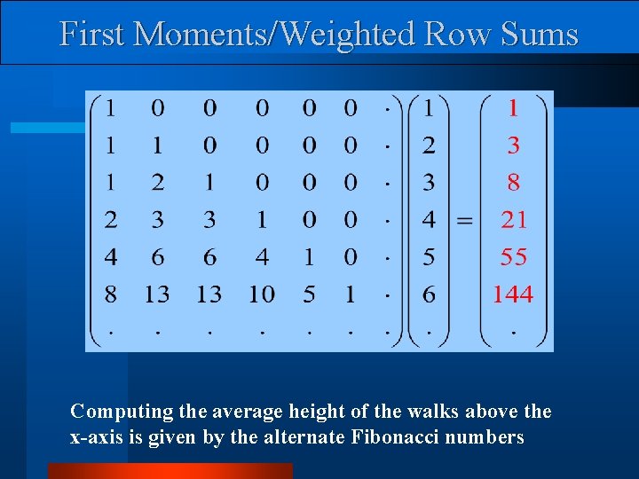 First Moments/Weighted Row Sums Computing the average height of the walks above the x-axis
