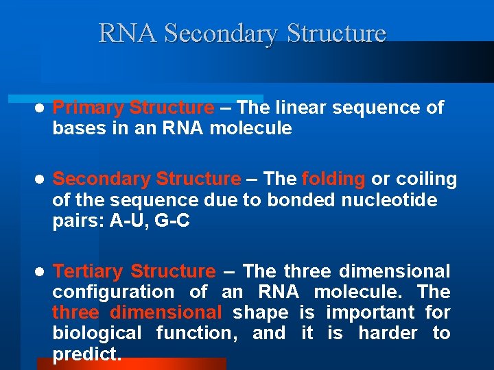 RNA Secondary Structure l Primary Structure – The linear sequence of bases in an