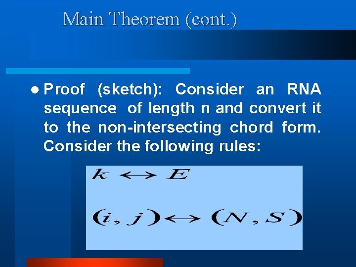 Main Theorem (cont. ) l Proof (sketch): Consider an RNA sequence of length n