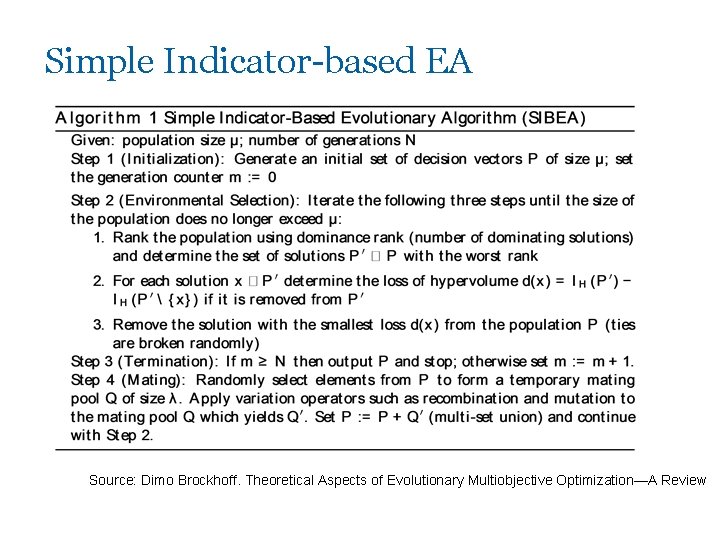 Simple Indicator-based EA Source: Dimo Brockhoff. Theoretical Aspects of Evolutionary Multiobjective Optimization—A Review 