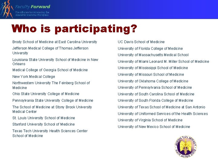 Who is participating? Brody School of Medicine at East Carolina University UC Davis School