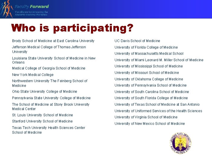 Who is participating? Brody School of Medicine at East Carolina University UC Davis School