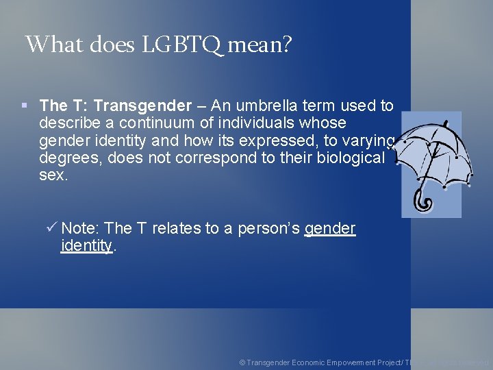 What does LGBTQ mean? § The T: Transgender – An umbrella term used to