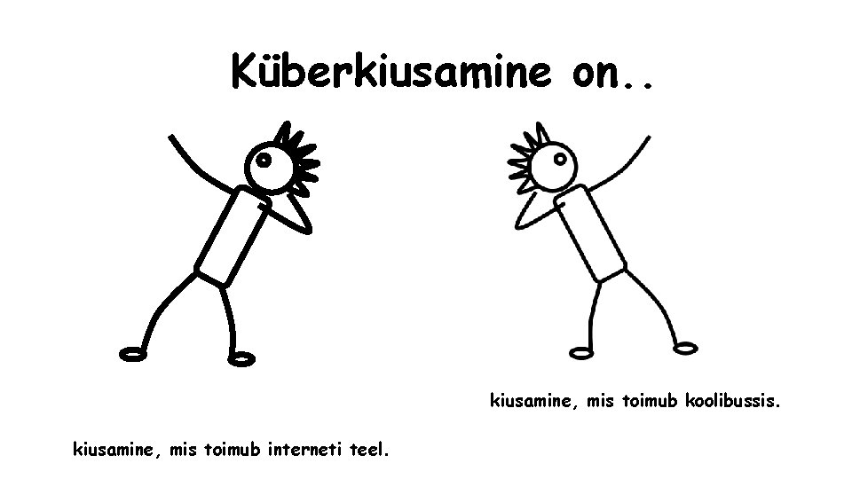 Küberkiusamine on. . kiusamine, mis toimub koolibussis. kiusamine, mis toimub interneti teel. 